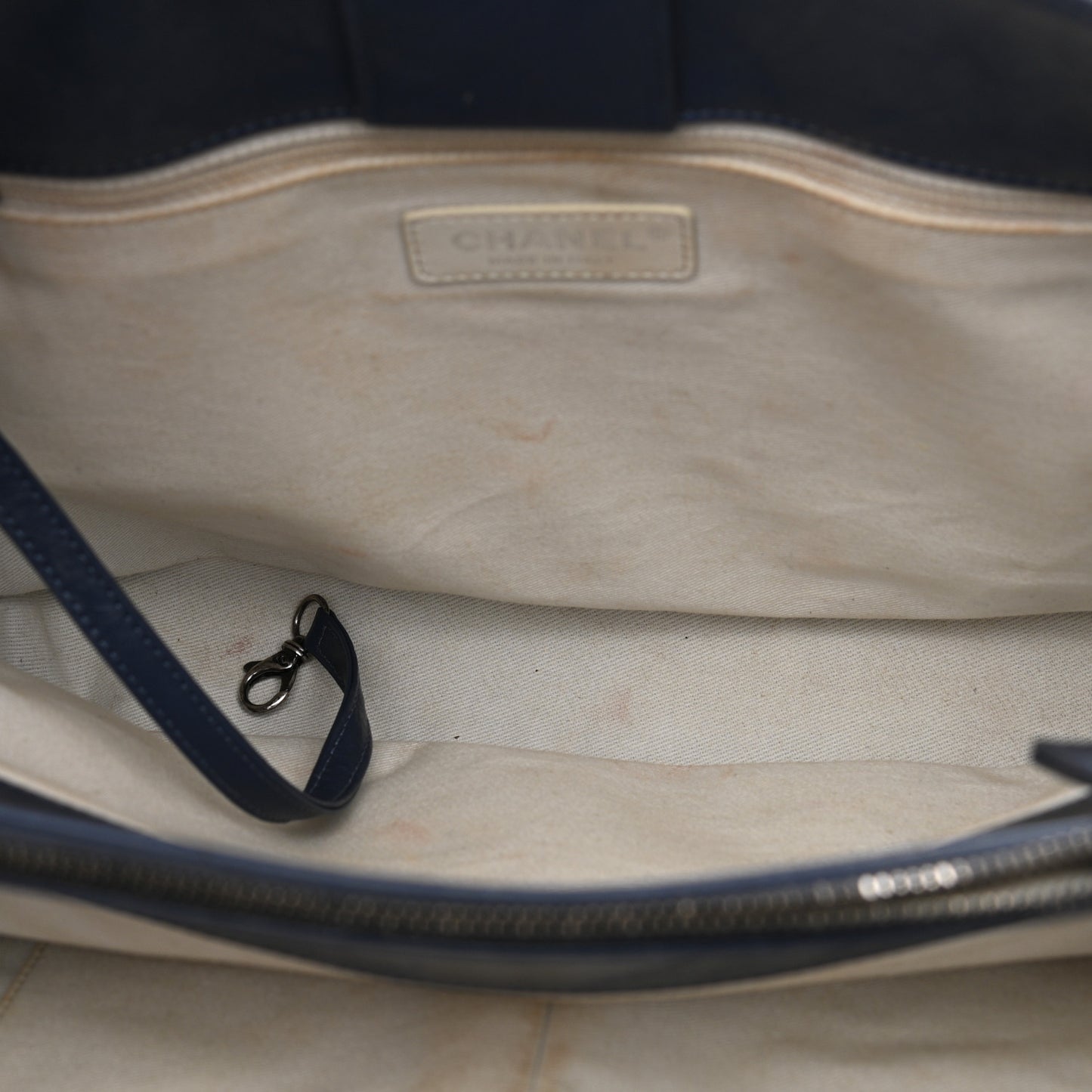 Calfskin Chevron Stitched Shopping Tote Navy