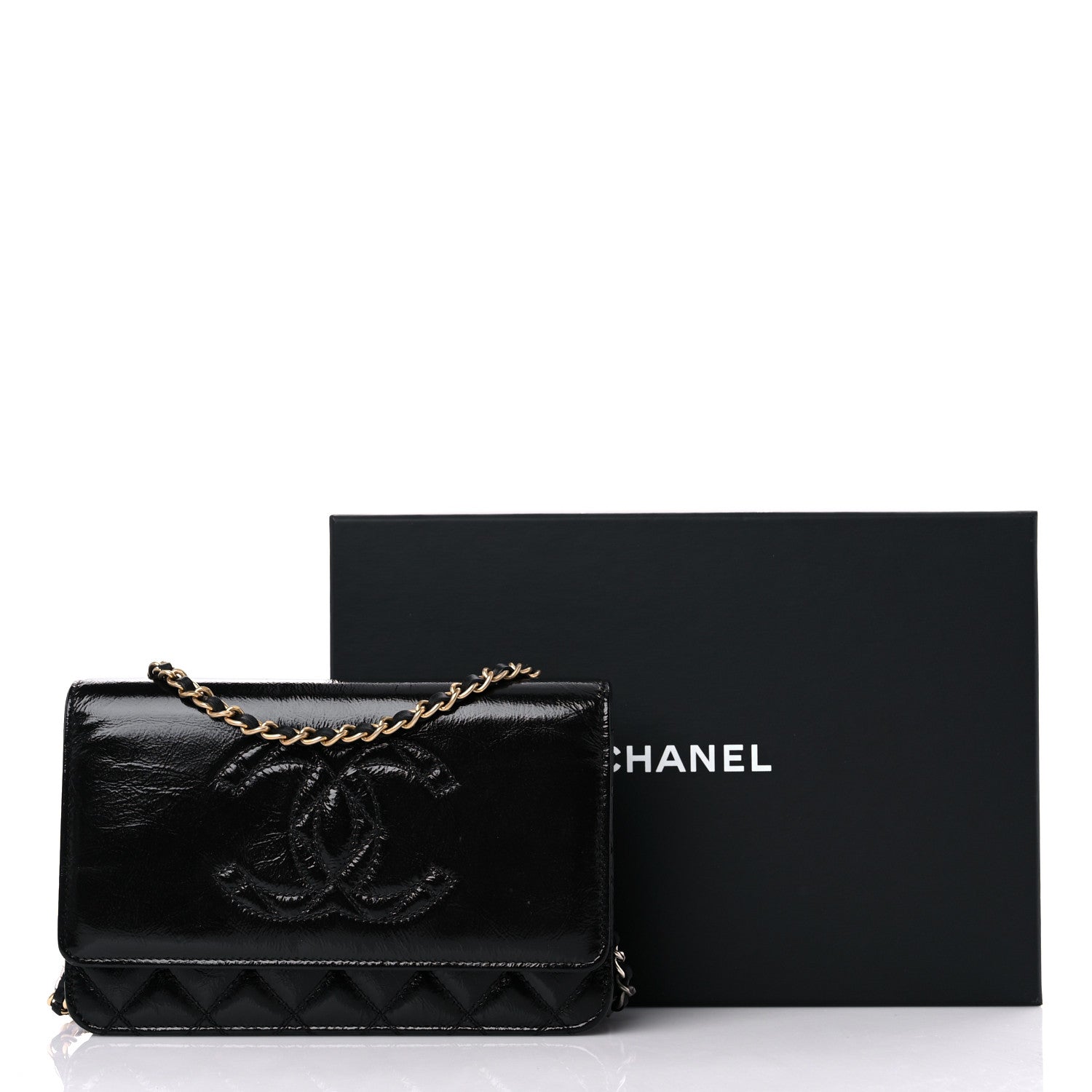 Chanel Shiny Aged Calfskin Quilted CC Wallet On Chain WOC Black 12 of 12
