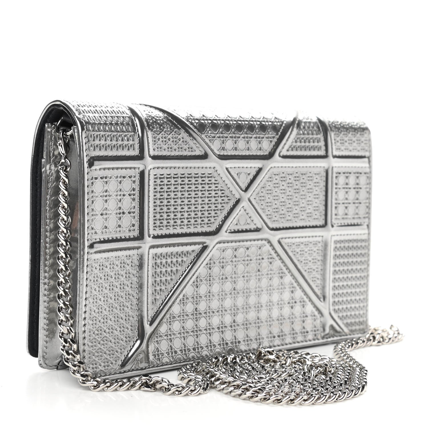 Christian Dior Metallic Patent Micro-Cannage Diorama Wallet on Chain Pouch Silver 3 of 10