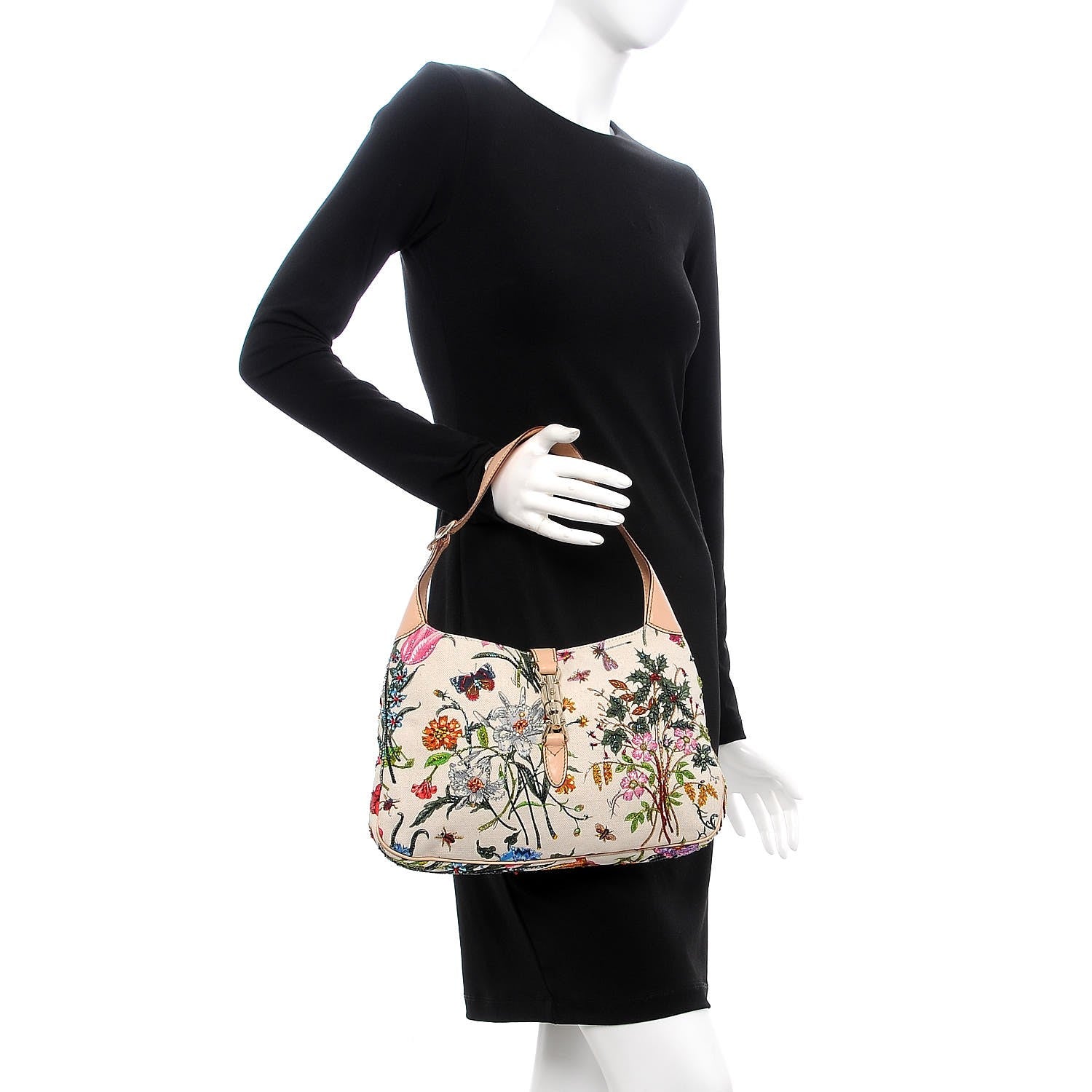 Gucci Canvas Beaded Floral Flora Small Jackie O Hobo White 2 of 7
