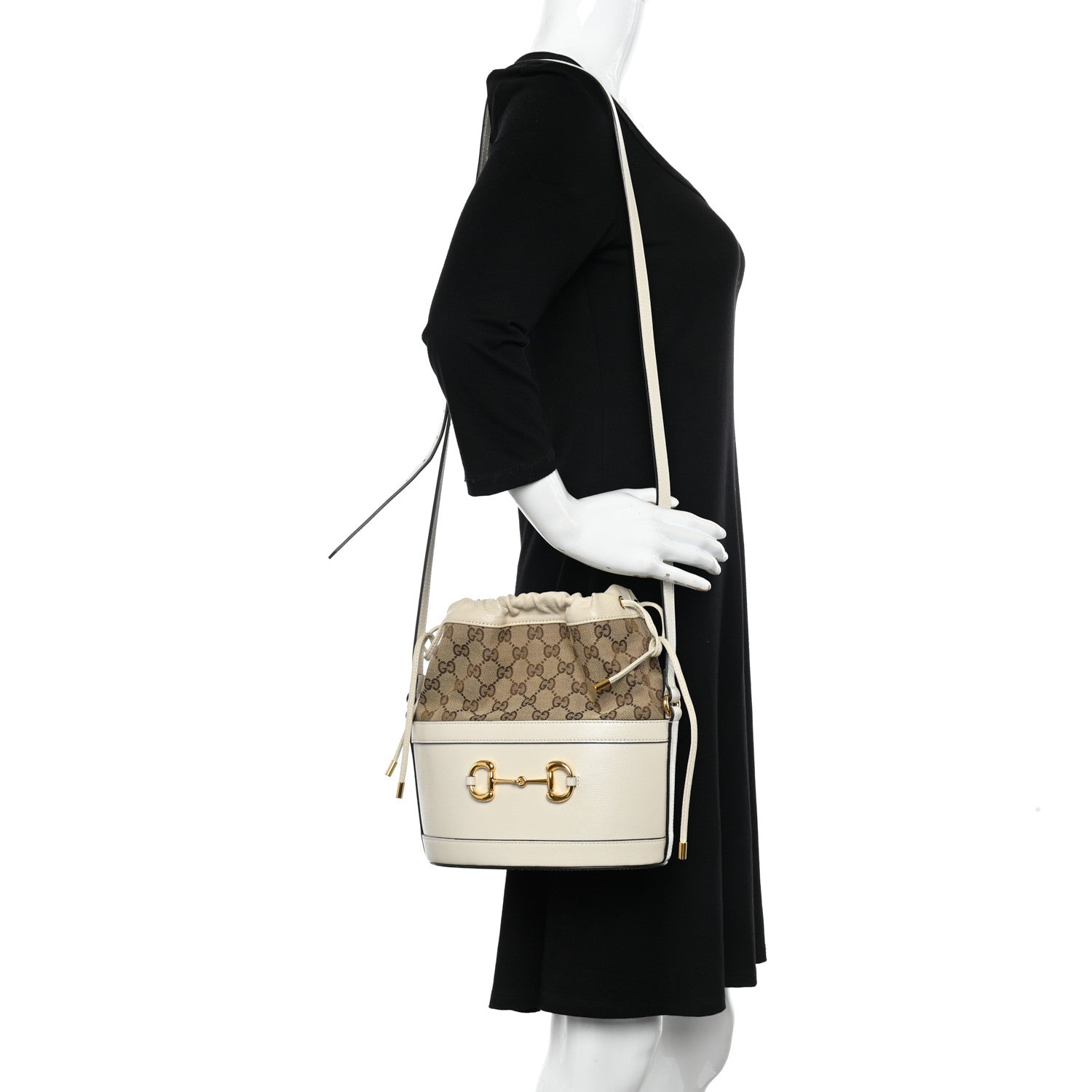 Gucci Monogram Textured Calfskin Horsebit 1955 Drawstring Bucket Bag Beige Mystic White 2 of 10