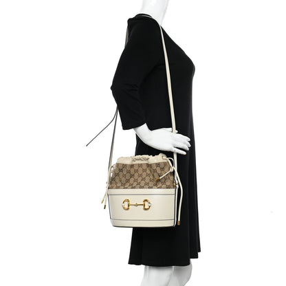 Gucci Monogram Textured Calfskin Horsebit 1955 Drawstring Bucket Bag Beige Mystic White 2 of 10