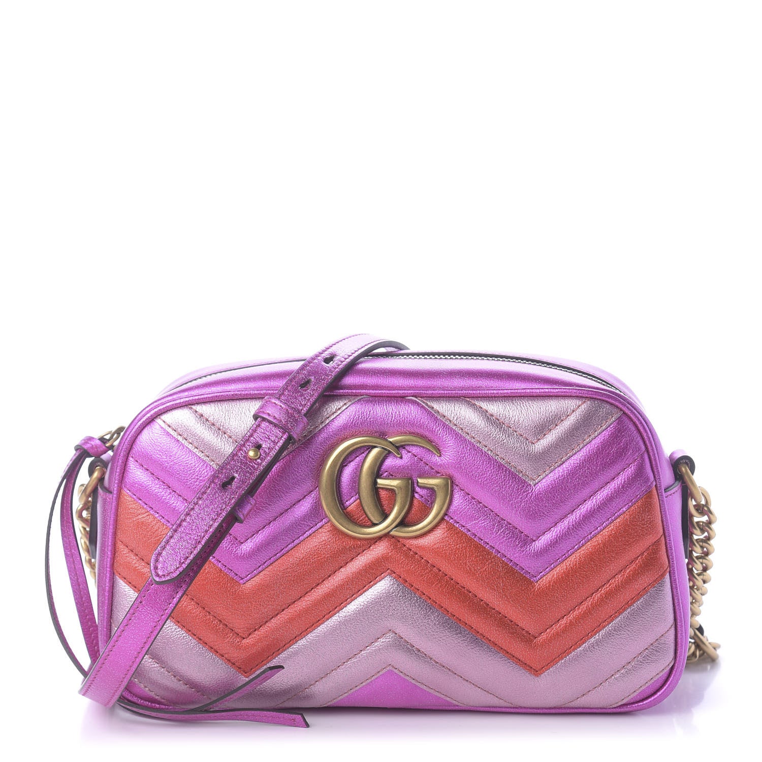 Gucci Laminated Nappa Matelasse Small GG Marmont Chain Shoulder Bag Fuxia Rosso Rosa 1 of 10