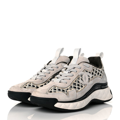 Chanel Suede Calfskin Embroidered CC Sneakers 37 Ecru Light Gray 3 of 9
