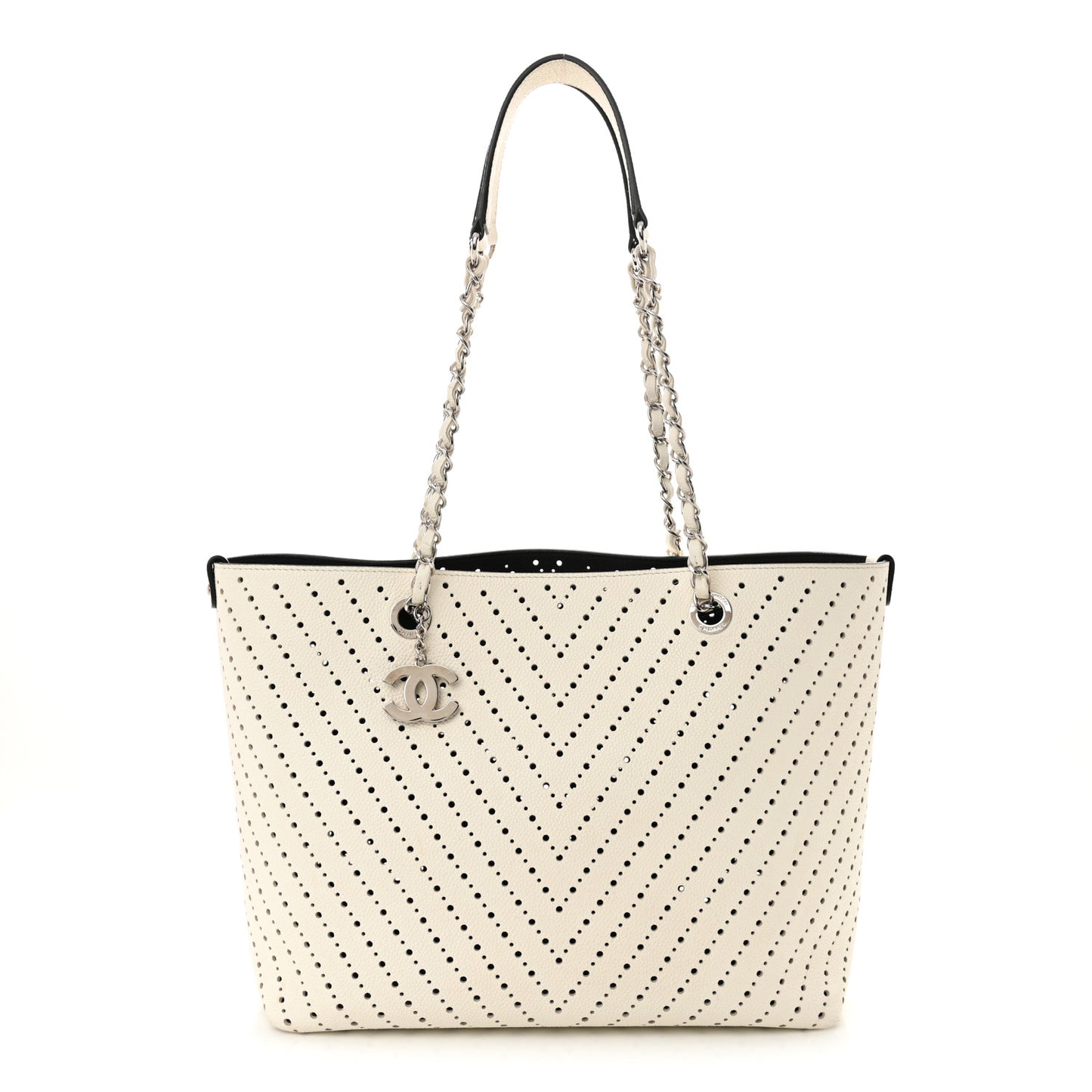 Perforated Grained Calfskin Large Shopping Tote White