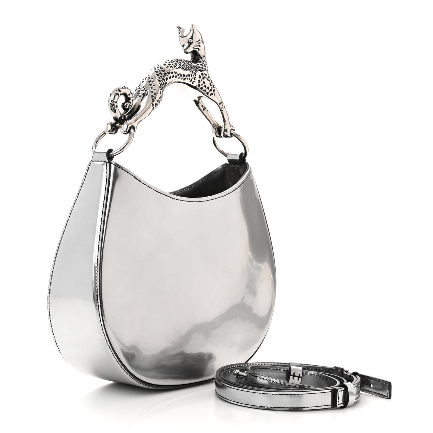 Metallic Calfskin Cat Hobo Silver
