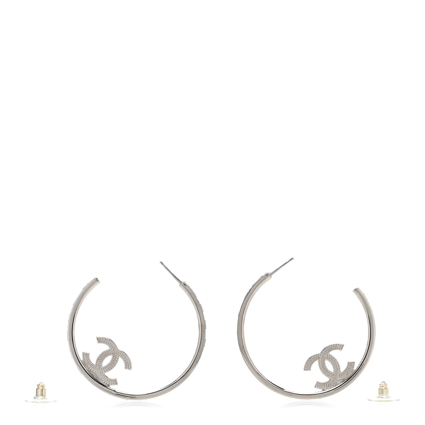 Metal Crystal Baguette CC Large Hoop Earrings Silver