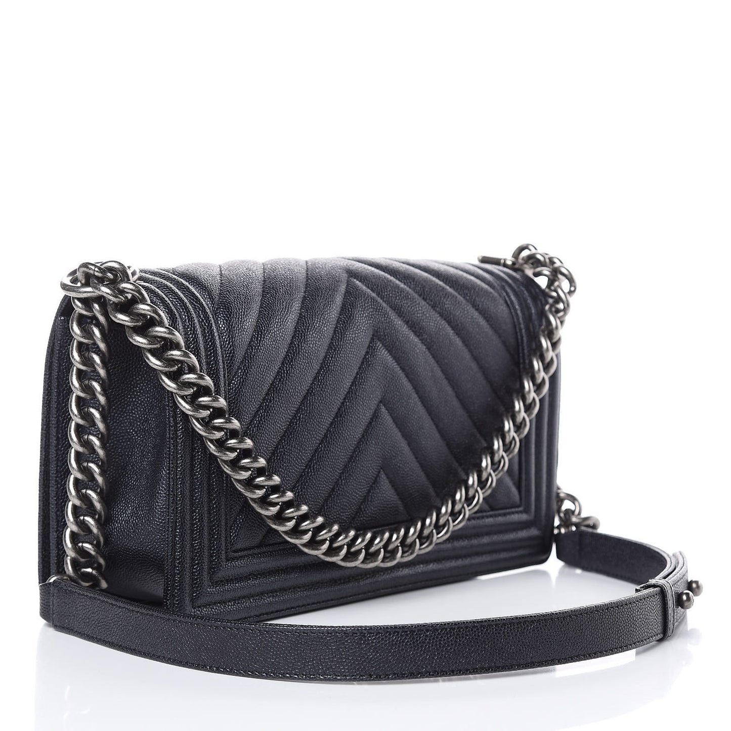 Caviar Chevron Quilted Medium Boy Flap Navy