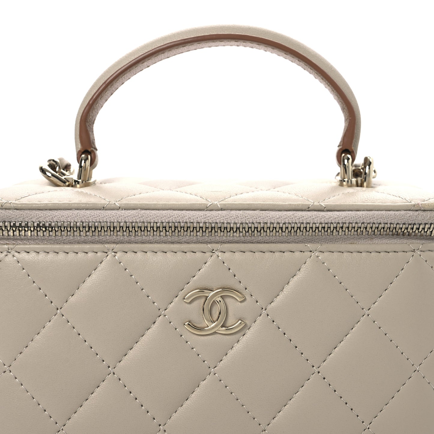 Lambskin Quilted Small Top Handle Vanity Case With Chain Ecru Dark Beige