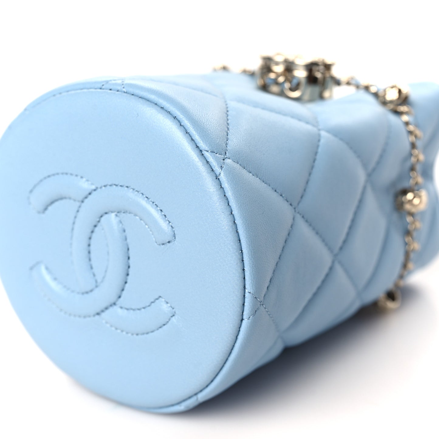 Lambskin Quilted Mini Drawstring Bucket Bag With Chain Light Blue