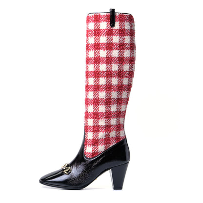 Gucci Tweed Naplack Gingham Zumi Knee Boots 37 White Red Black 1 of 4