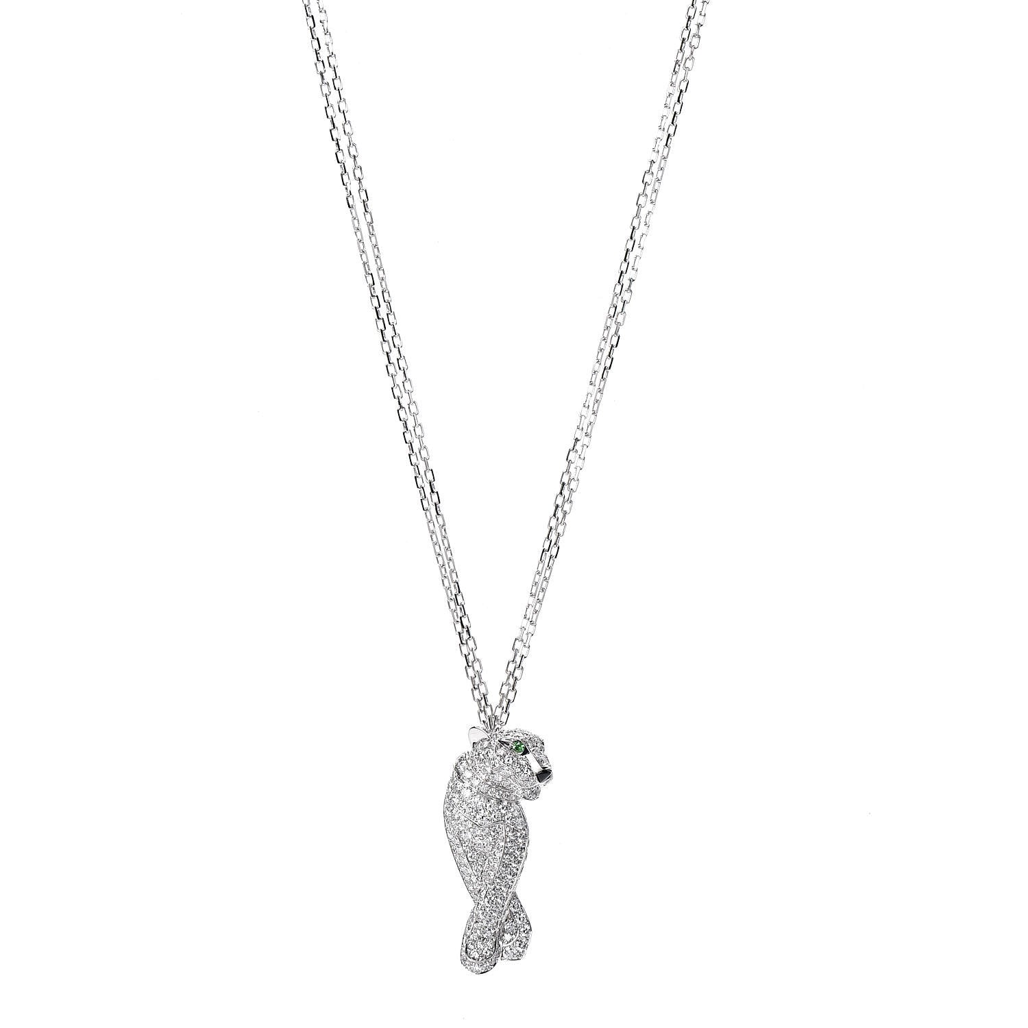 Cartier 18K White Gold Diamond Onyx Emerald Panthere De Pendant Necklace 1 of 7