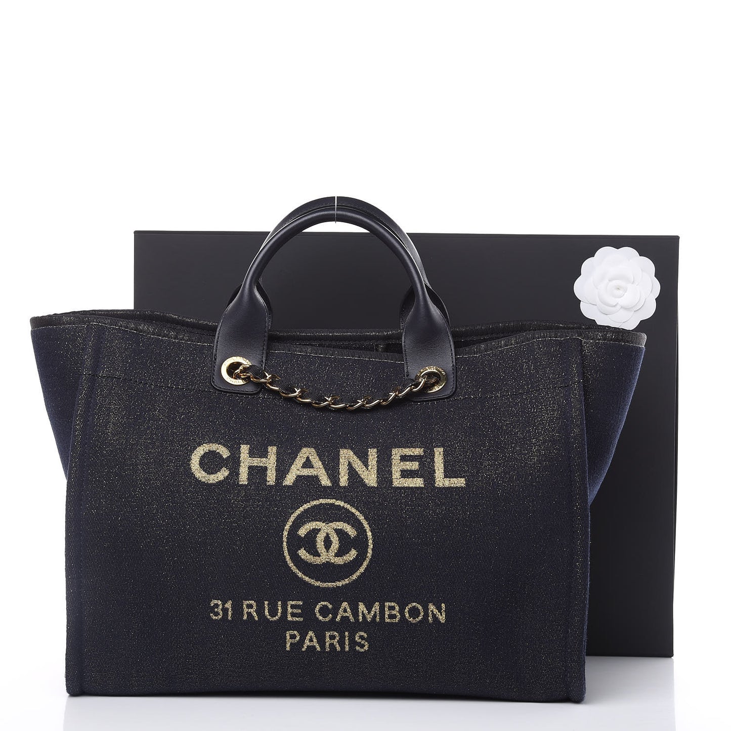 Lurex Canvas Medium Deauville Tote Navy Blue Gold