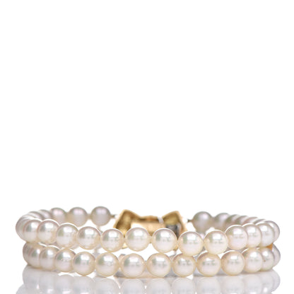Mikimoto 18K Yellow Gold Akoya Pearl Double Strand Bow Clasp Bracelet 3 of 4