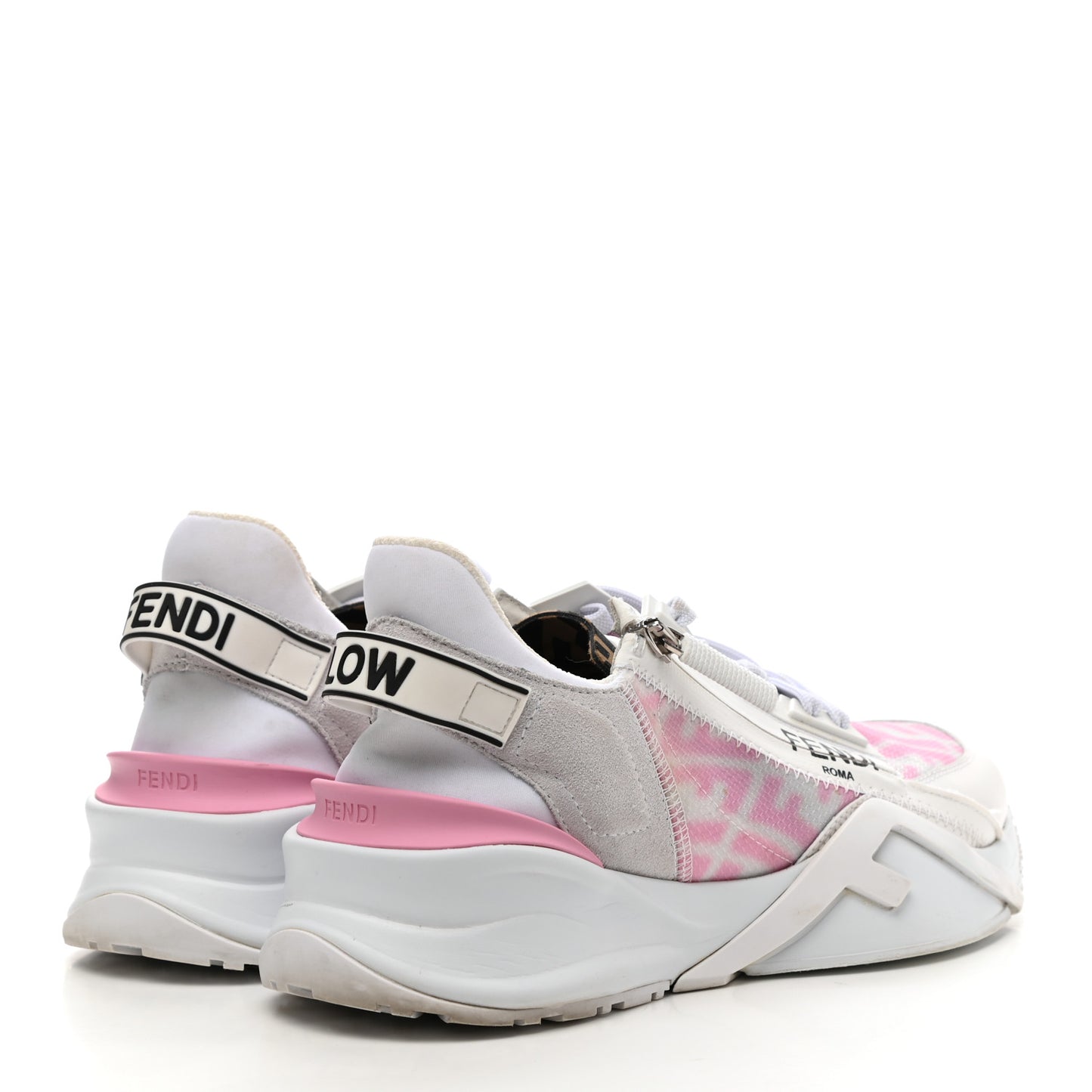 X SARAH COLEMAN Nylon Suede Lycra FF Vertigo Fendi Flow Low Top Sneakers 38 Transparent Rosa White