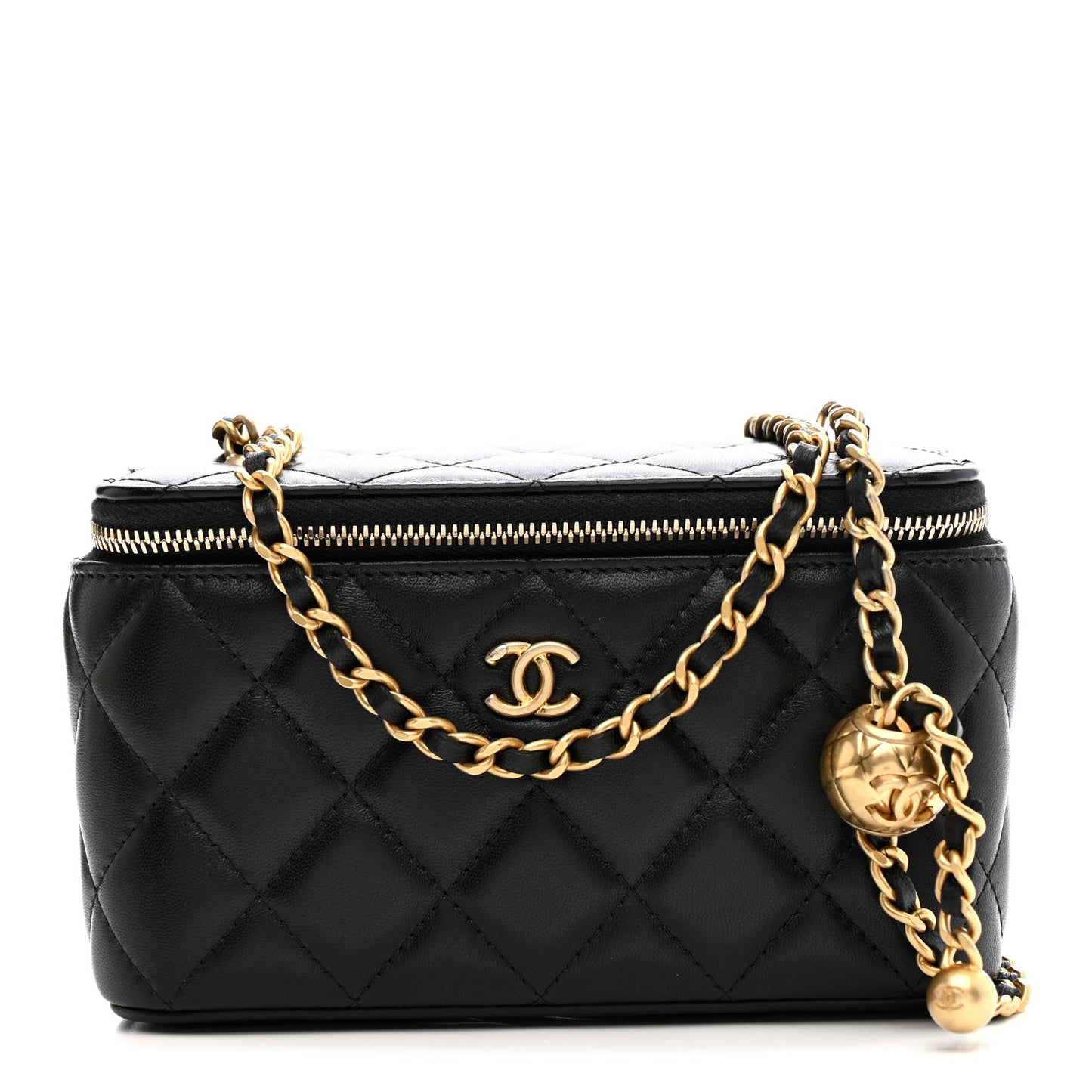 Lambskin Quilted Pearl Crush Small Vanity Case With Chain Black