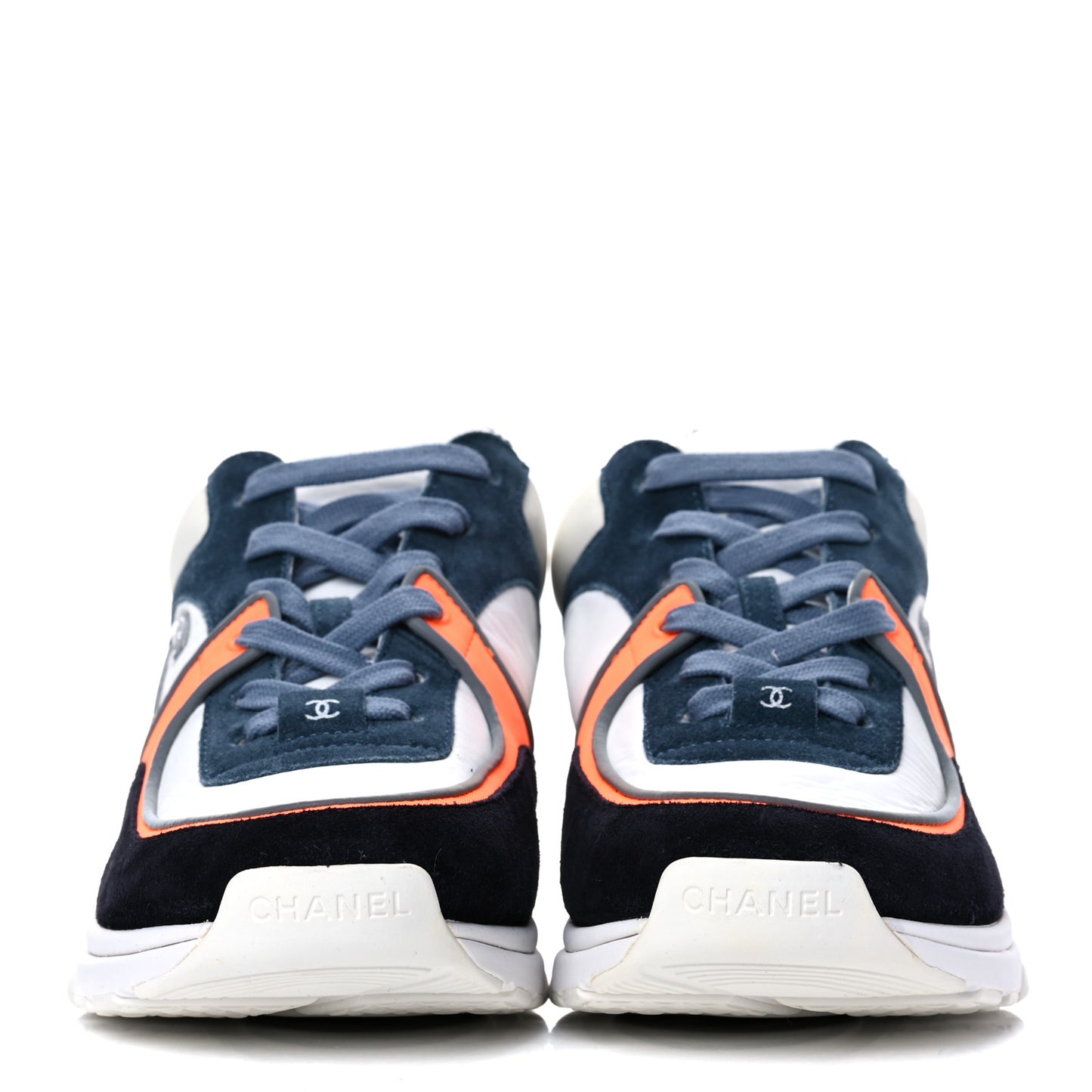 Nylon Calfskin Suede CC Womens Sneakers 39 Navy White Orange