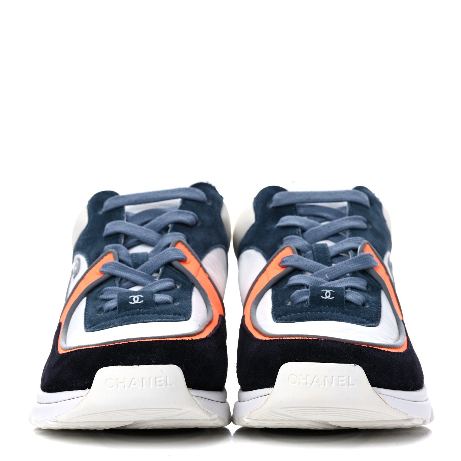 Chanel Nylon Calfskin Suede CC Womens Sneakers 39 Navy White Orange 2 of 14