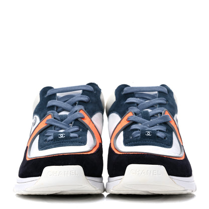 Chanel Nylon Calfskin Suede CC Womens Sneakers 39 Navy White Orange 2 of 14