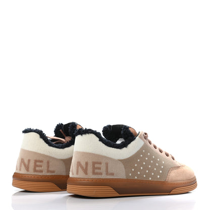 Chanel Fabric Suede Calfskin Logo Sneakers 39 Beige Black White 4 of 8