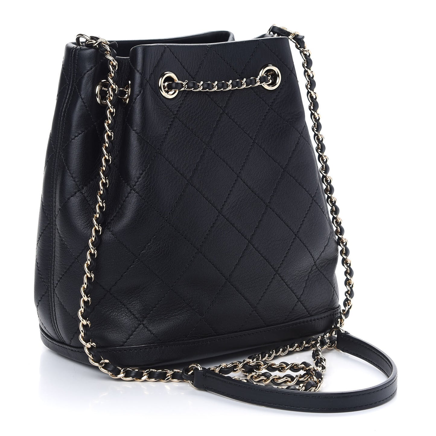 Calfskin Stitched Chain Bucket Bag Black