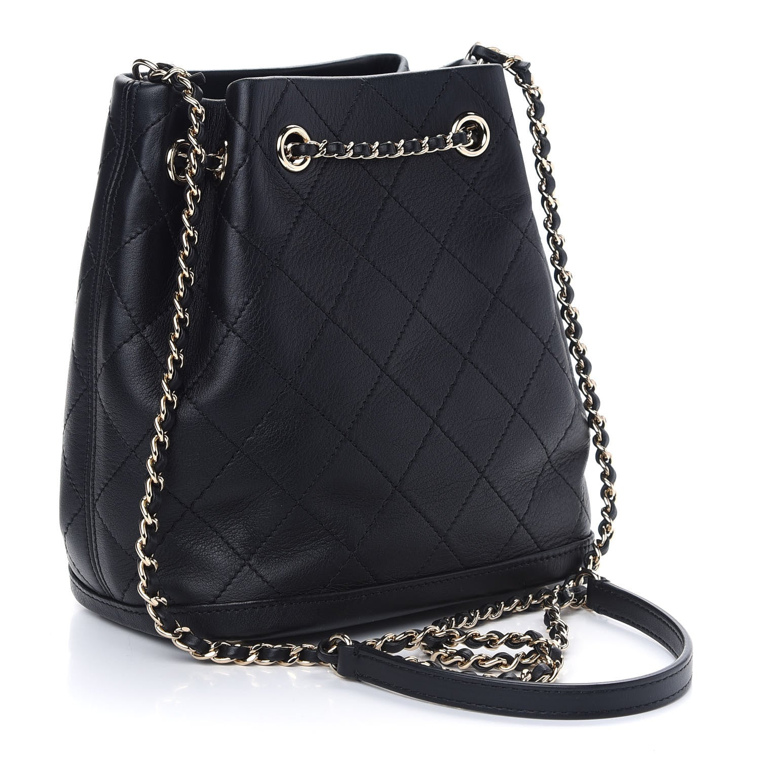 Chanel Calfskin Stitched Chain Bucket Bag Black 3 of 9