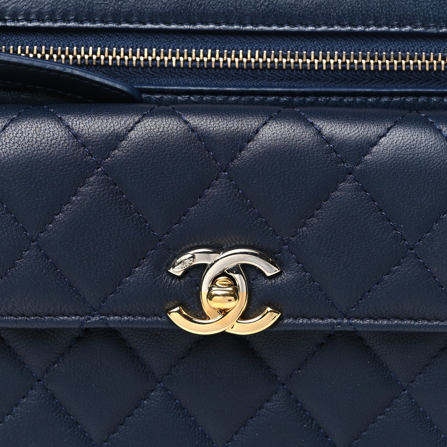 Lambskin Quilted Square Front Pocket Clutch With Chain Navy Blue
