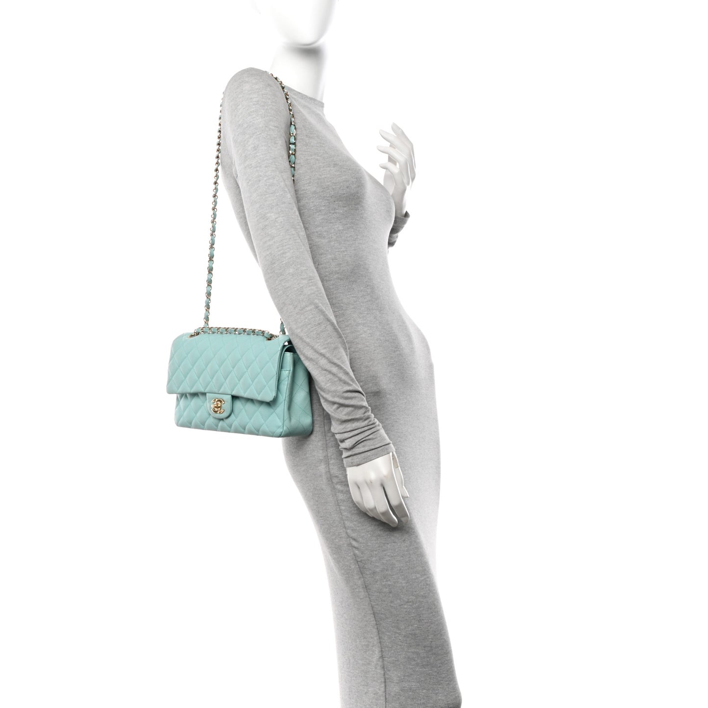 Caviar Quilted Medium Double Flap Light Blue