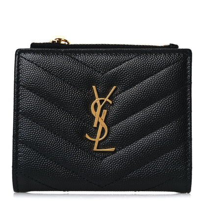 Saint Laurent Grain De Poudre Matelasse Chevron Monogram Zipped Card Case Black 1 of 6