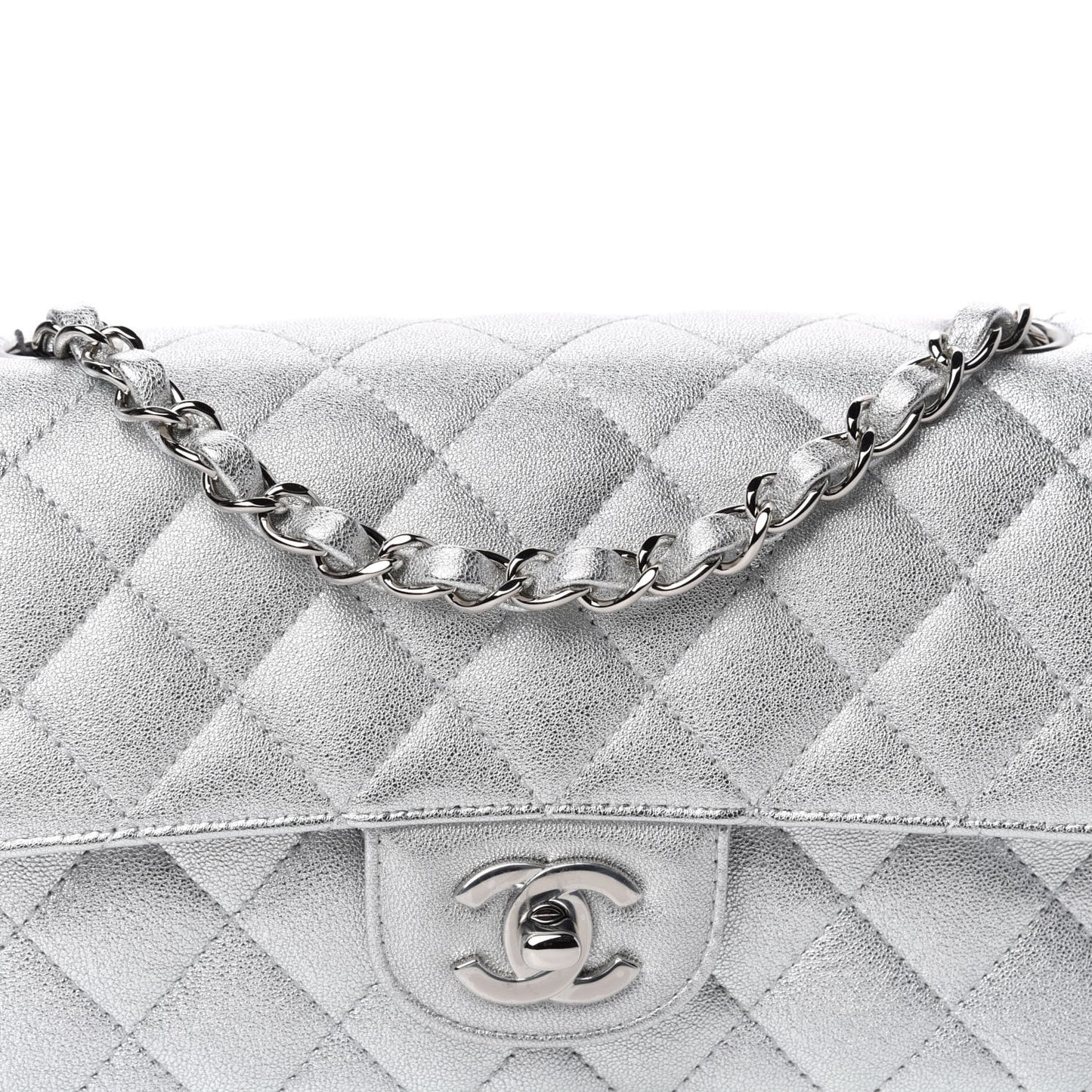 Metallic Lambskin Quilted Mini Rectangular Flap Silver