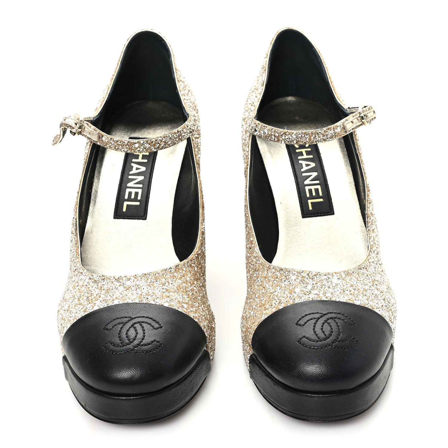 Chanel Glitter Lambskin Cap Toe CC Mary Jane Pumps 37.5 Light Gold Black 3 of 9