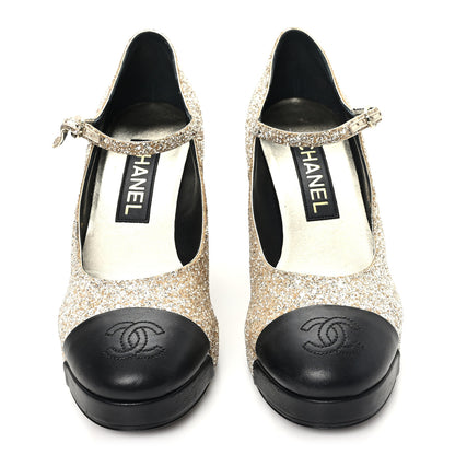 Chanel Glitter Lambskin Cap Toe CC Mary Jane Pumps 37.5 Light Gold Black 3 of 9