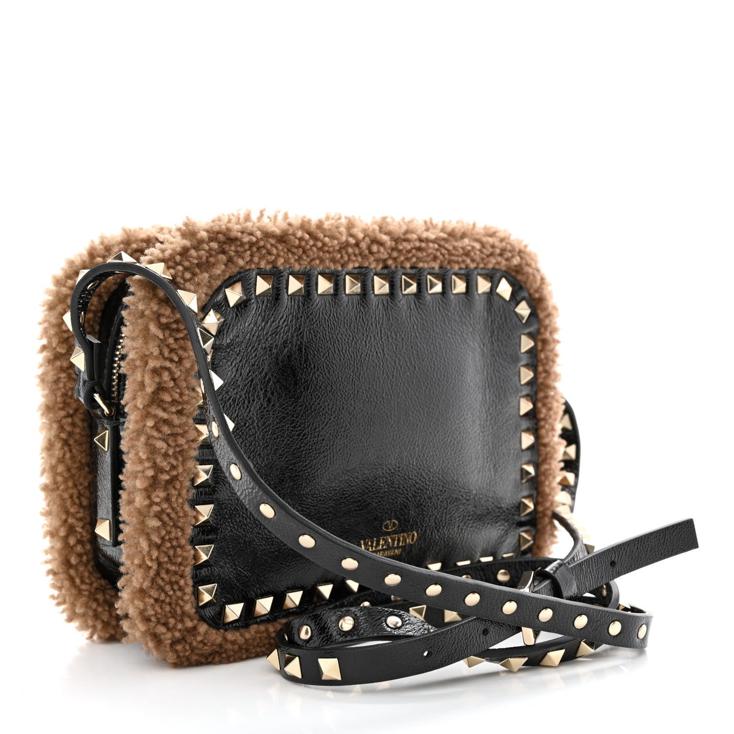 Textured Patent Calfskin Shearling Small Rockstud Camera Crossbody Bag Black