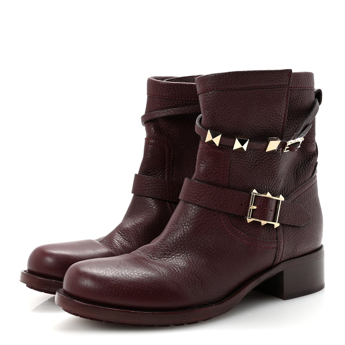 Pebbled Calfskin Rockstud Biker Boots 40 Rubin