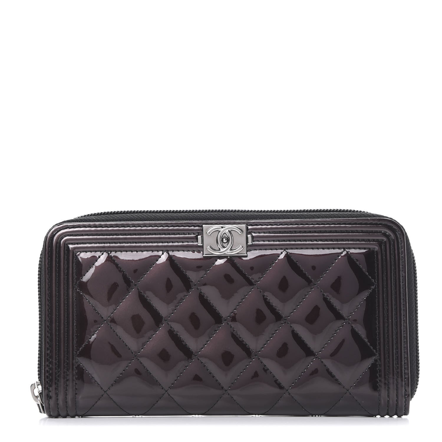 Chanel Metallic Patent Calfskin Quilted Boy L-Gusset Zip Wallet Burgundy 1 of 8