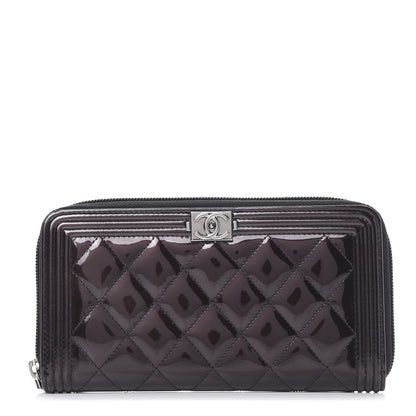 Chanel Metallic Patent Calfskin Quilted Boy L-Gusset Zip Wallet Burgundy 1 of 8