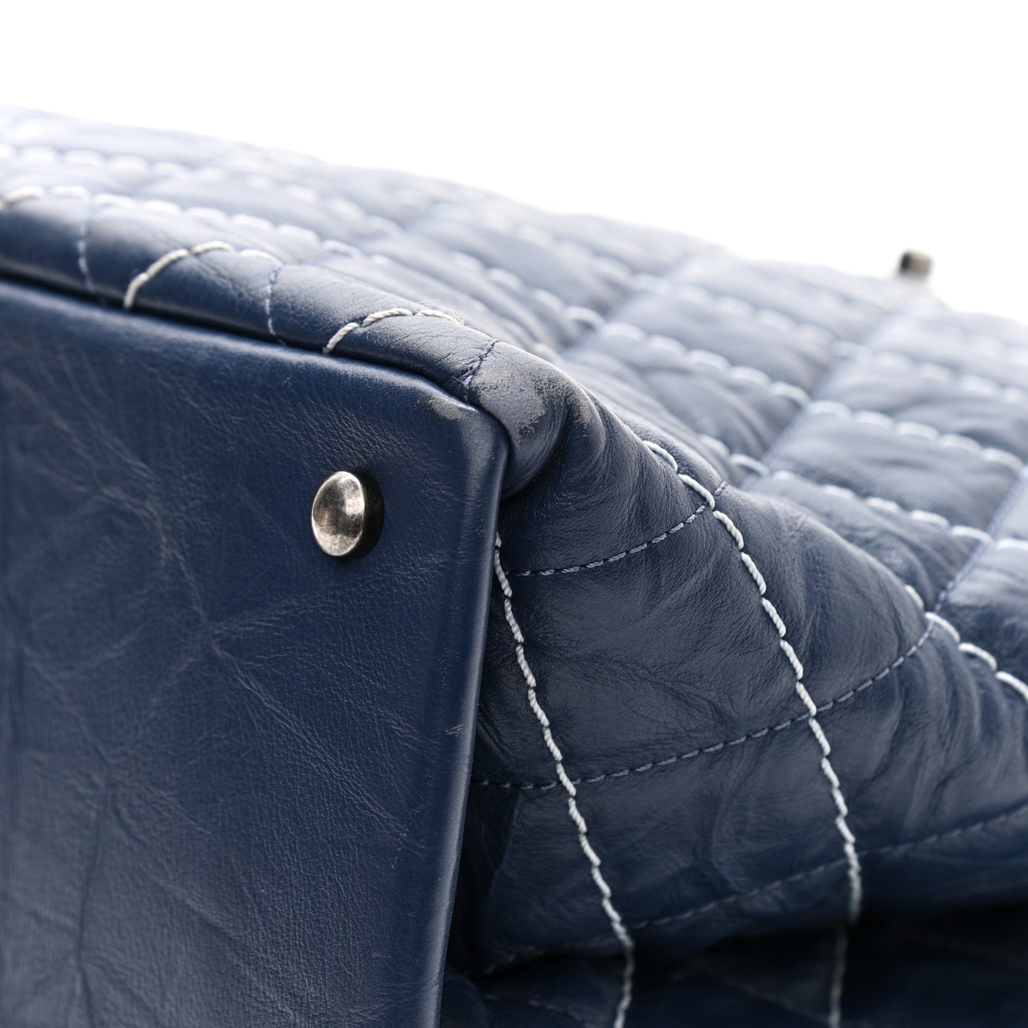 Calfskin Chevron Stitched Shopping Tote Navy