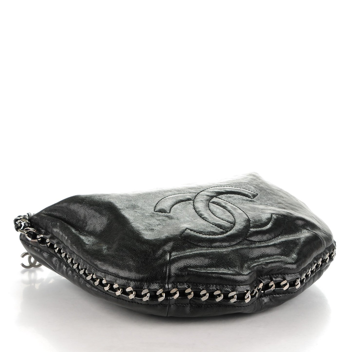 Glazed Caviar Modern Chain Hobo Black