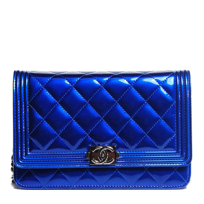 Chanel Patent Calfskin Quilted Boy Wallet On Chain WOC Blue 1 of 8