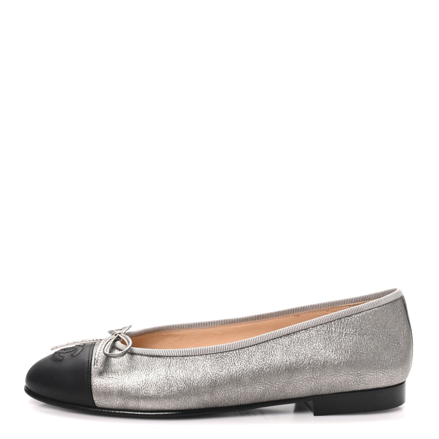 Metallic Laminated Lambskin Calfskin CC Cap Toe Ballerina Flats 37.5 Argen Black