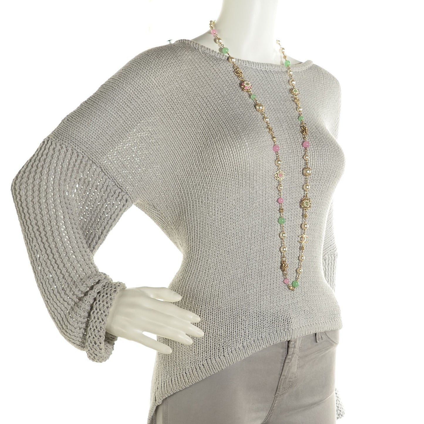 Pearl Camellia CC Long Necklace Gold Pink Green