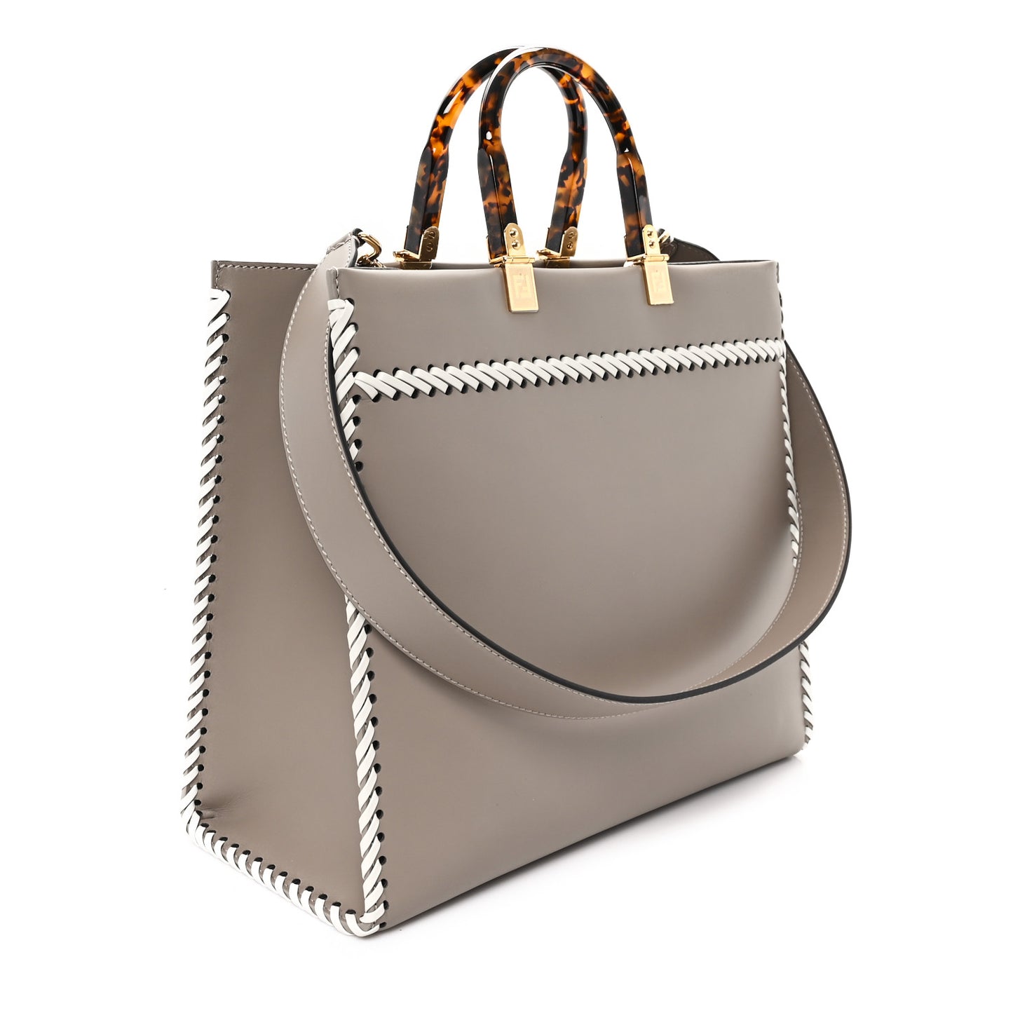 Vitello King Ceylon Plexiglass Woven Logo Debossed Medium Fendi Sunshine Shopper Tote Tortora