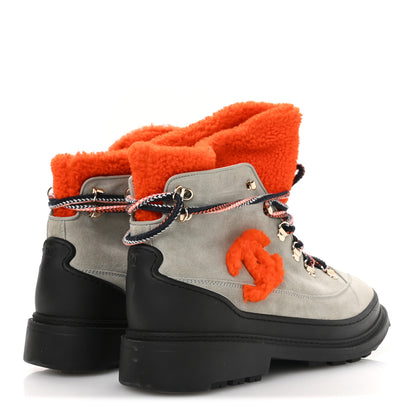 Chanel Suede Calfskin Shearling CC Lace Up Boots 40.5 Grey Orange Black 5 of 8