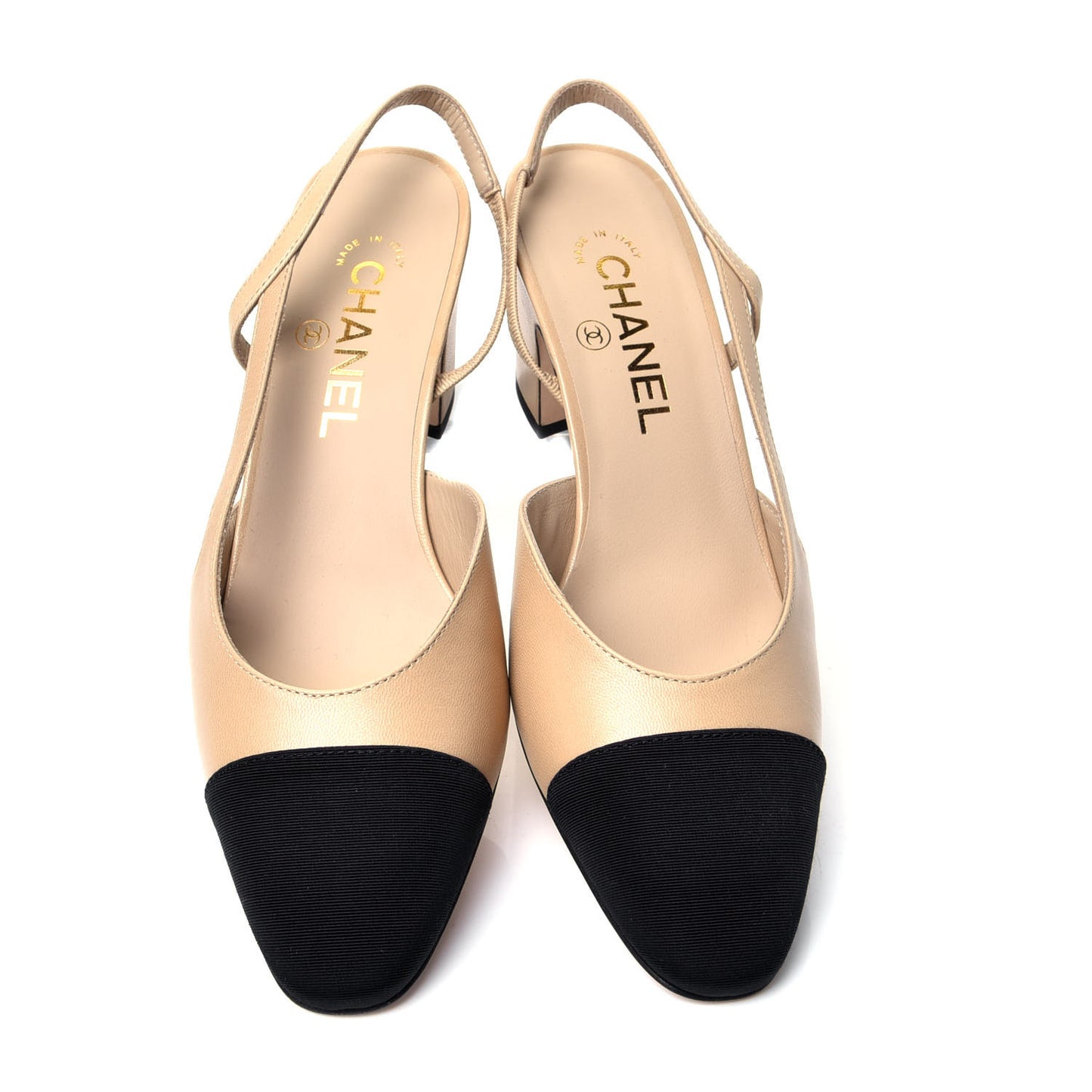 Goatskin Grosgrain Cap Toe CC Slingback Pumps 38 Beige Black