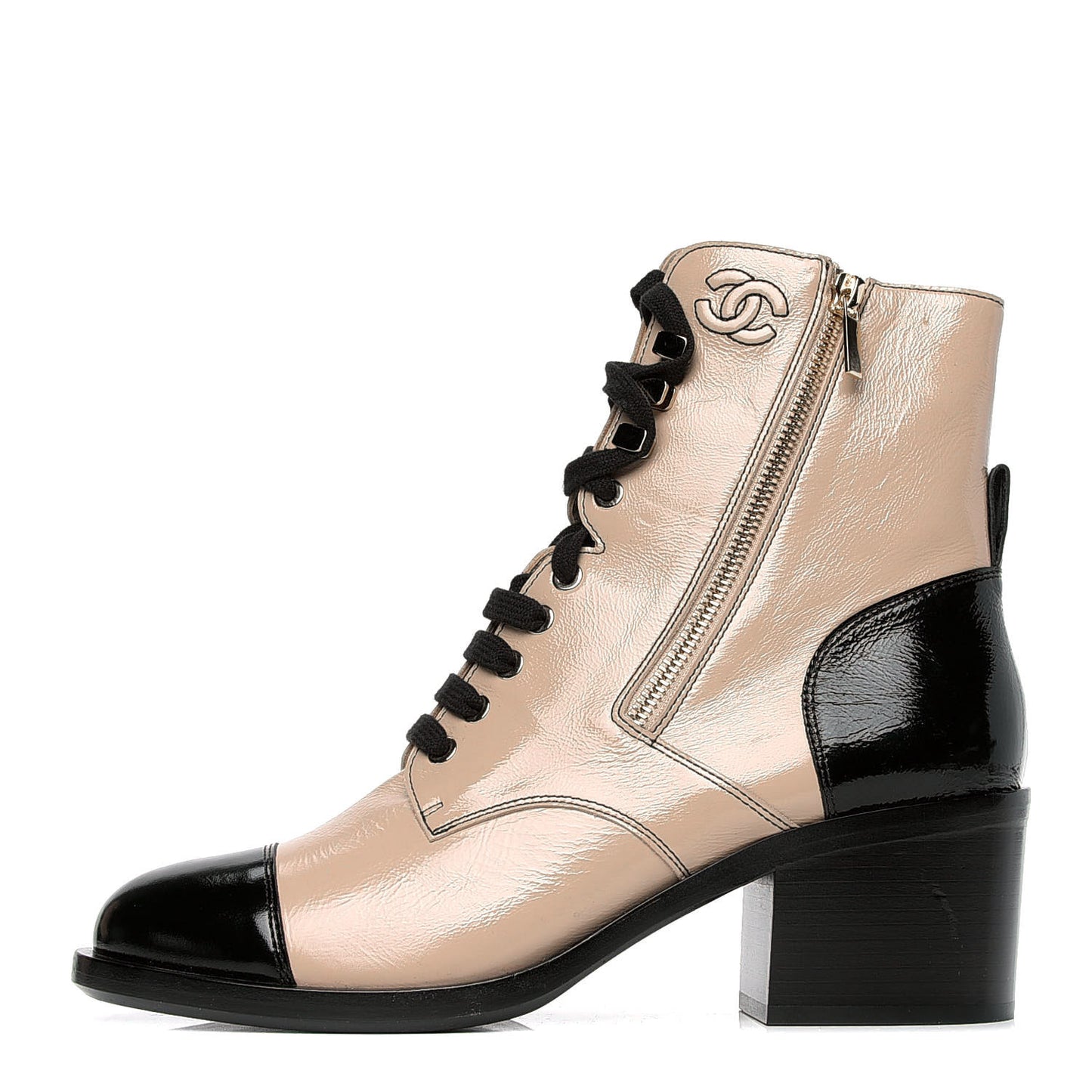 Patent Calfskin CC Lace Up Short Boots 42 Beige Black