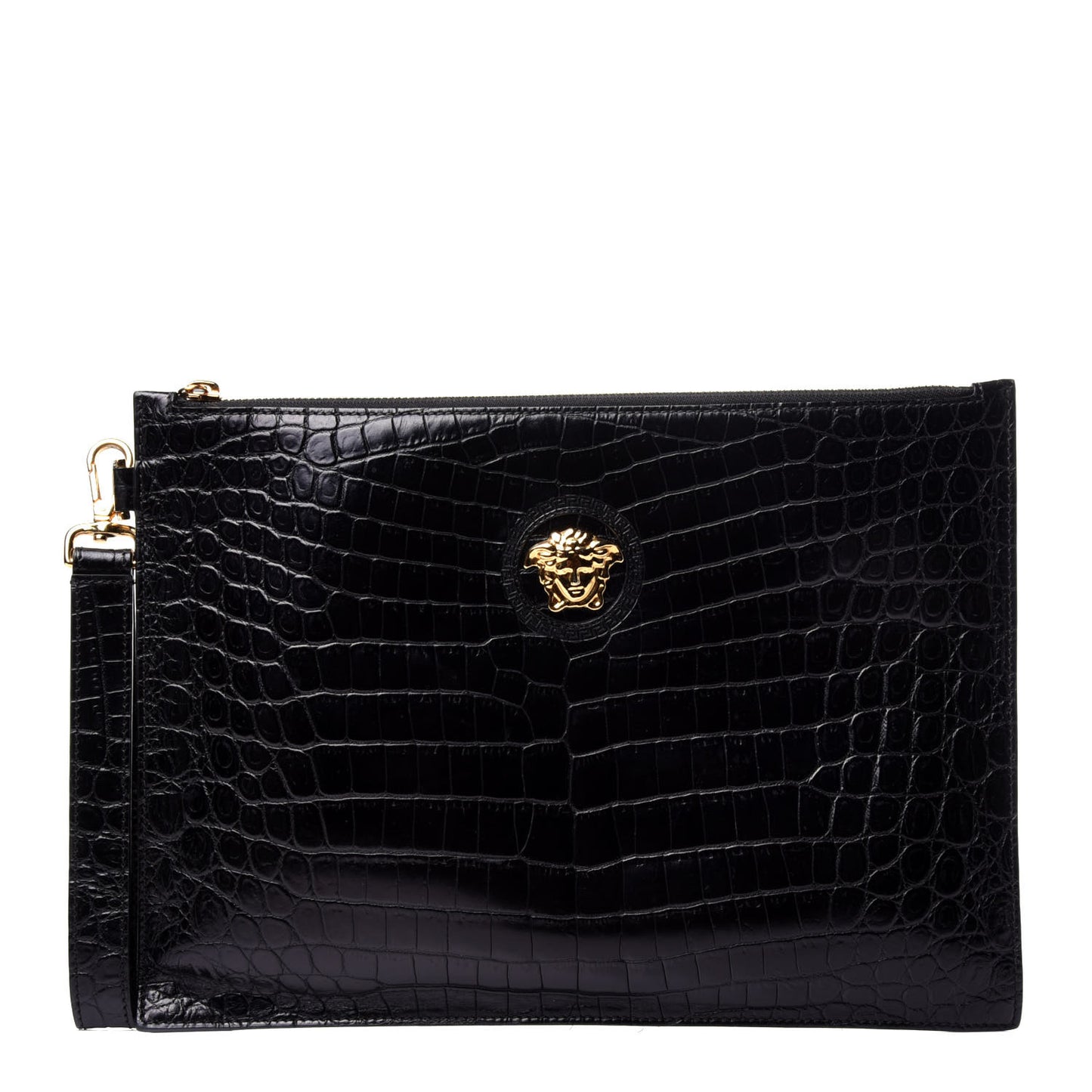 Crocodile Embossed Calfskin Medusa Wristlet Black