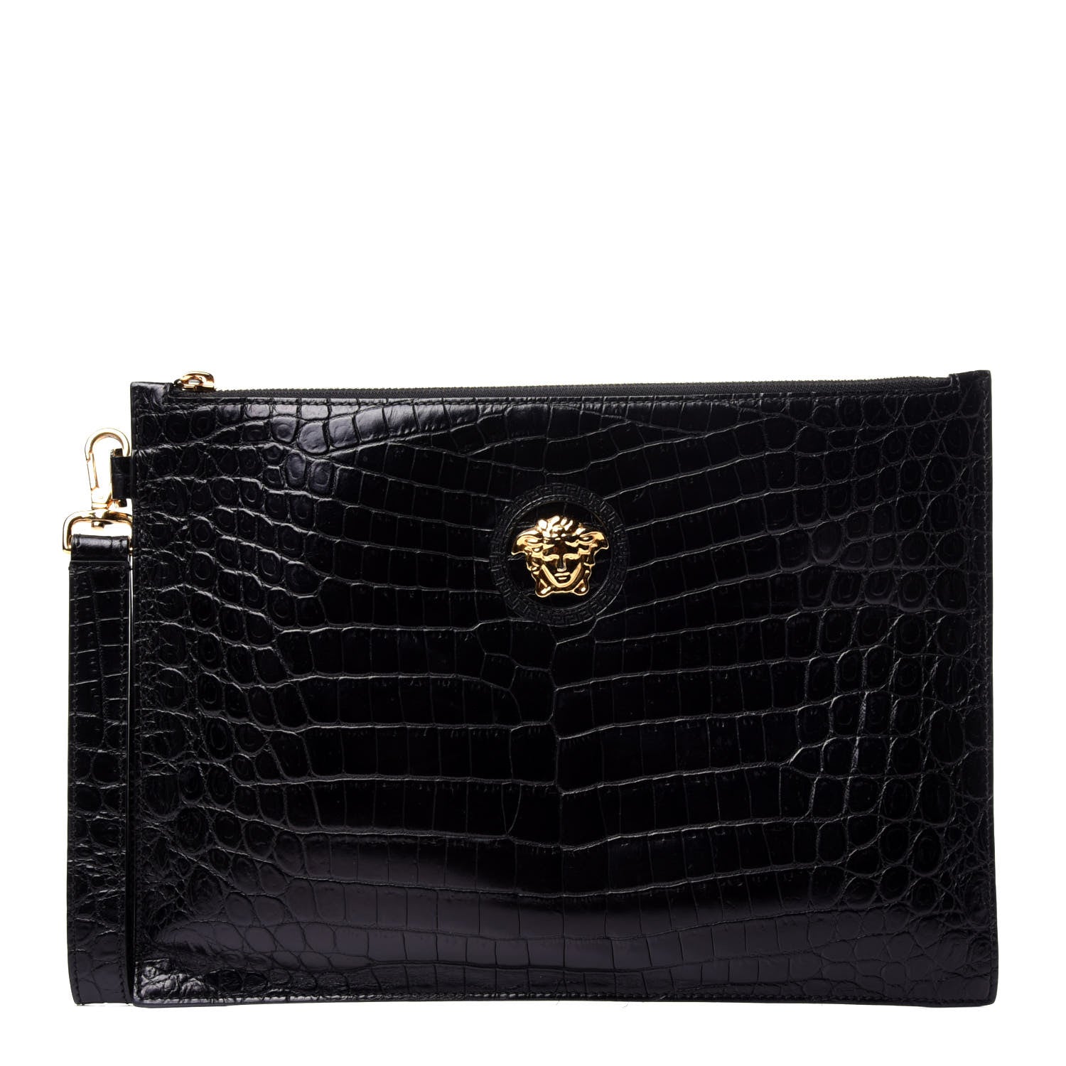 Versace Crocodile Embossed Calfskin Medusa Wristlet Black 1 of 11