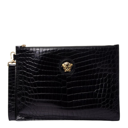 Versace Crocodile Embossed Calfskin Medusa Wristlet Black 1 of 11