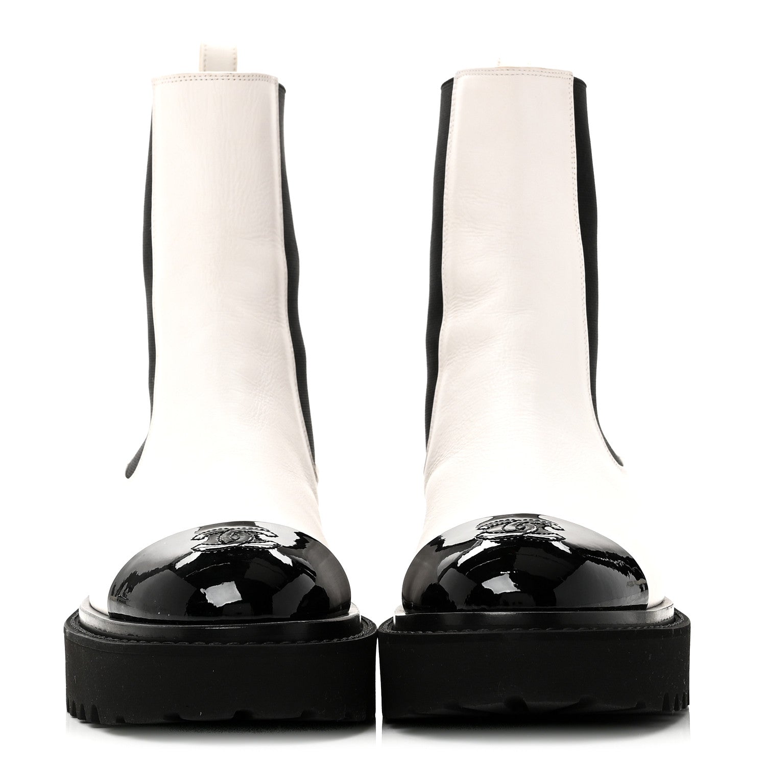 Chanel Patent Calfskin Cap Toe CC Ankle Boots 39 White Black