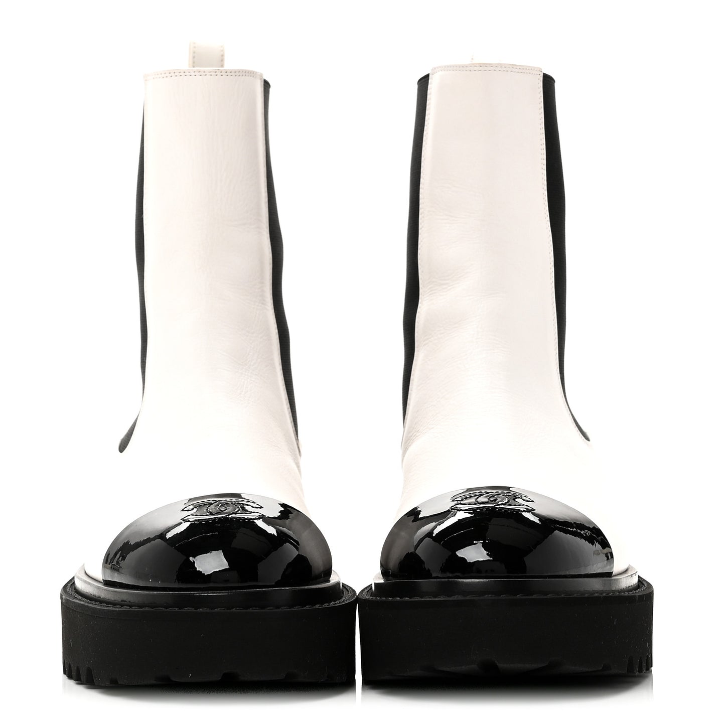 Patent Calfskin Cap Toe CC Ankle Boots 39 White Black